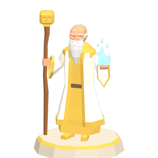Zeus tower: white and gold robed god with a lightning staff