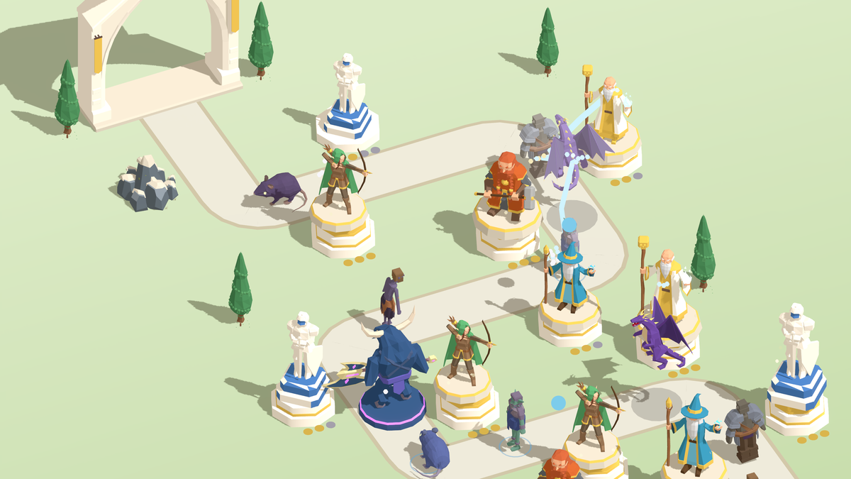 Wide view of the mountain path: god towers hold back dragons and the Minotaur below the temple gate