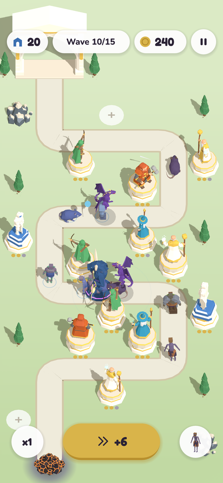 TowerOlympus gameplay: god towers along a mountain path stopping a wave of monsters