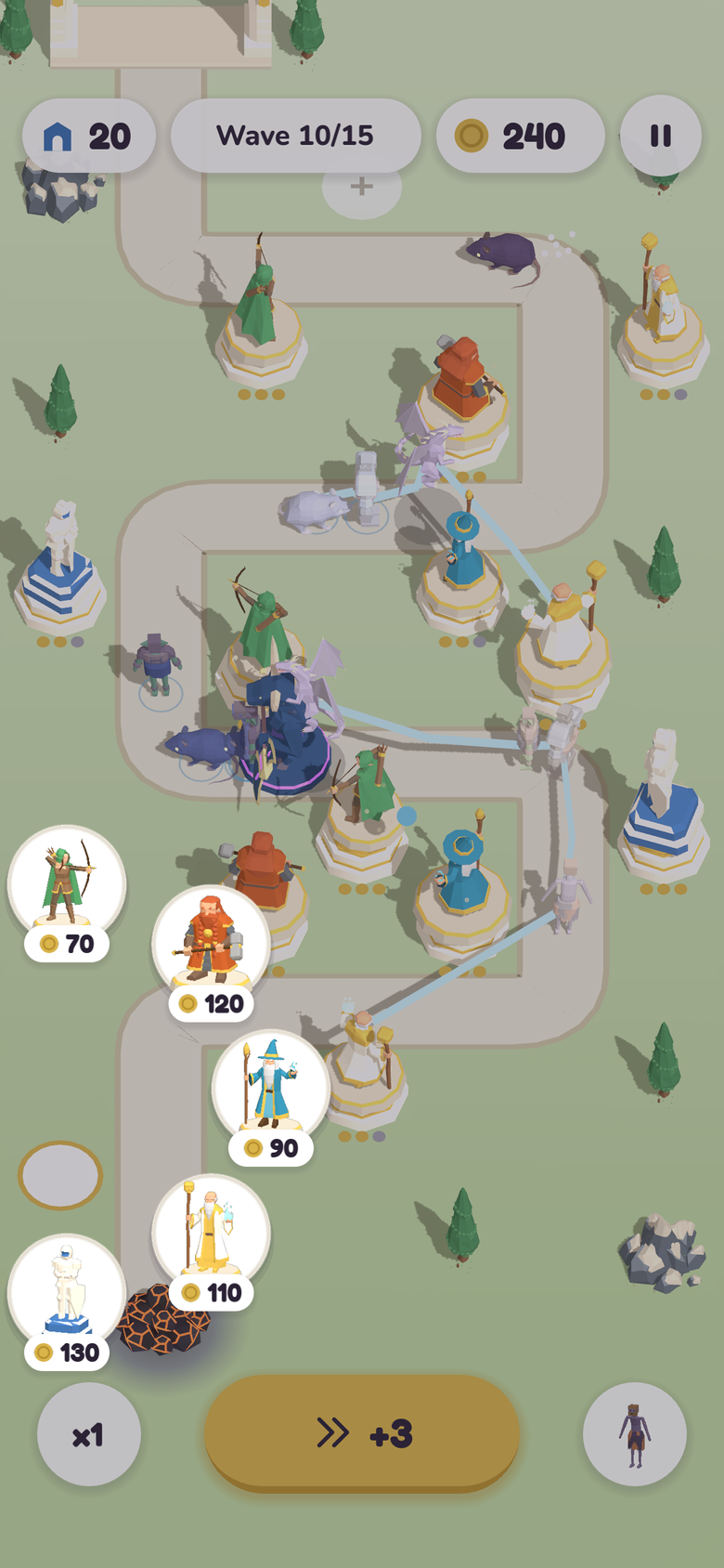 The tower menu open on an empty spot, showing five god towers and their prices